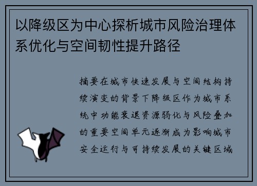 以降级区为中心探析城市风险治理体系优化与空间韧性提升路径